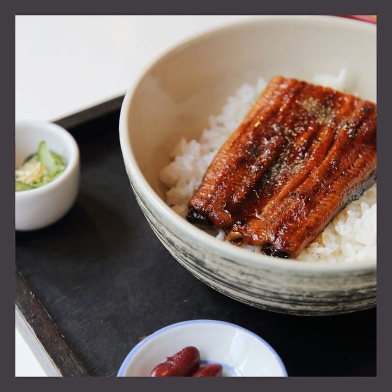 Cooked eel fillet on top of white rice in a white bowl. The bowl is sitting on a slate black place setting.