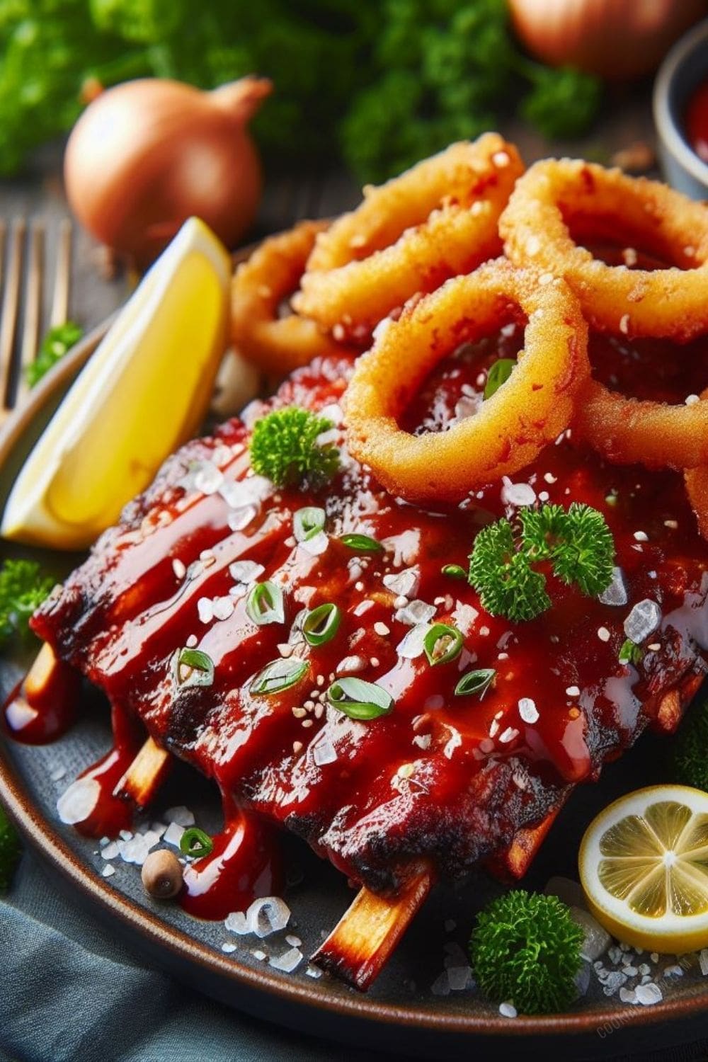 A plate of barbecue ribs glazed with spicy bbq sauce and onion rings on a rustic wooden table.