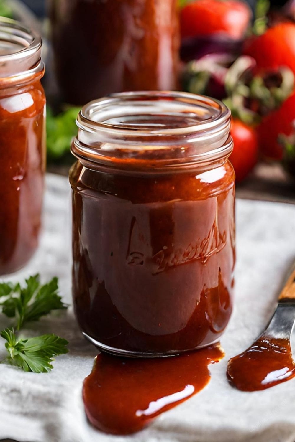 A photo of a glass jar of spicy barbecue sauce sitting on a wooden table.
