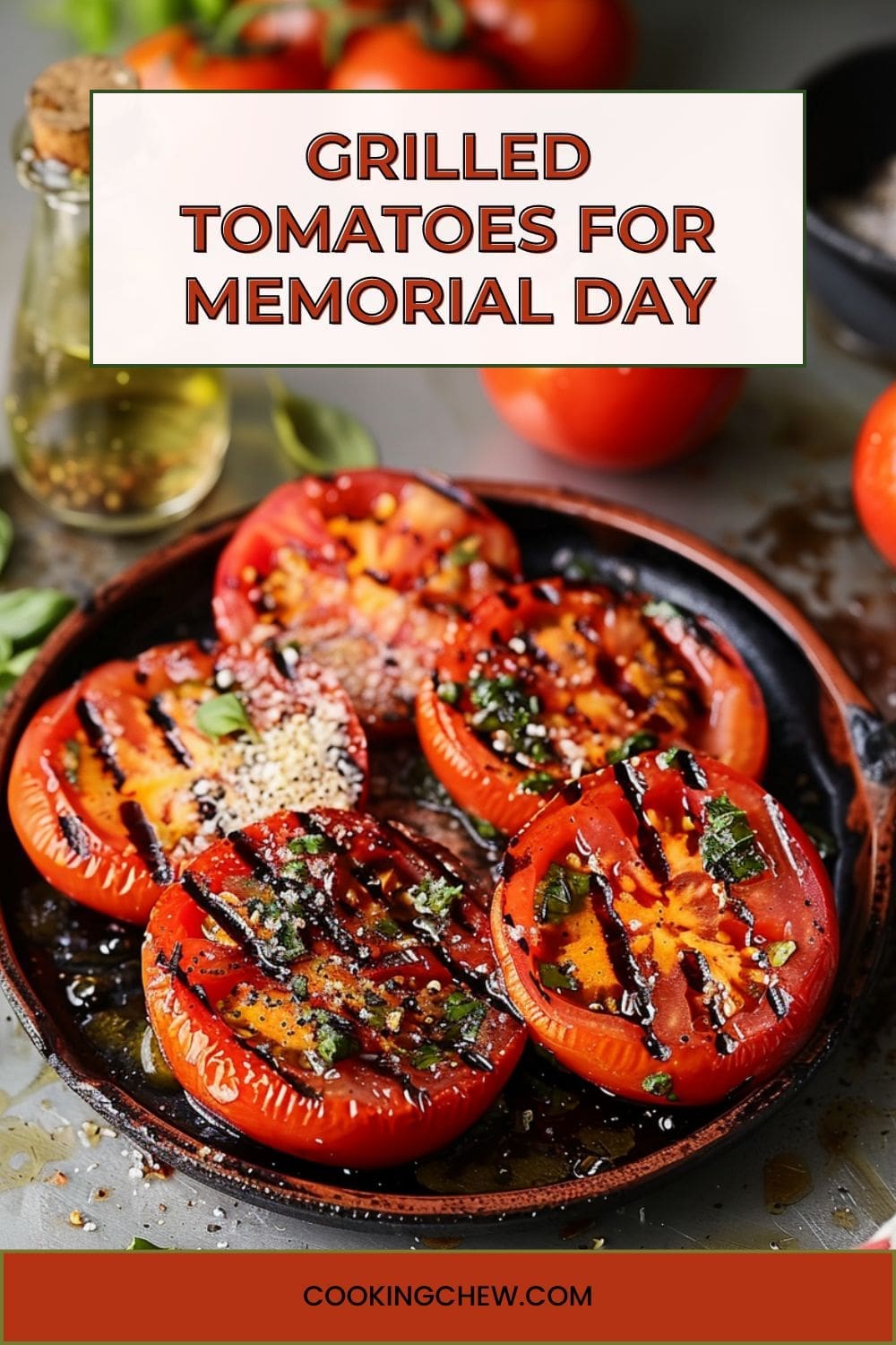 A plate of sliced red tomatoes grilled with char marks.