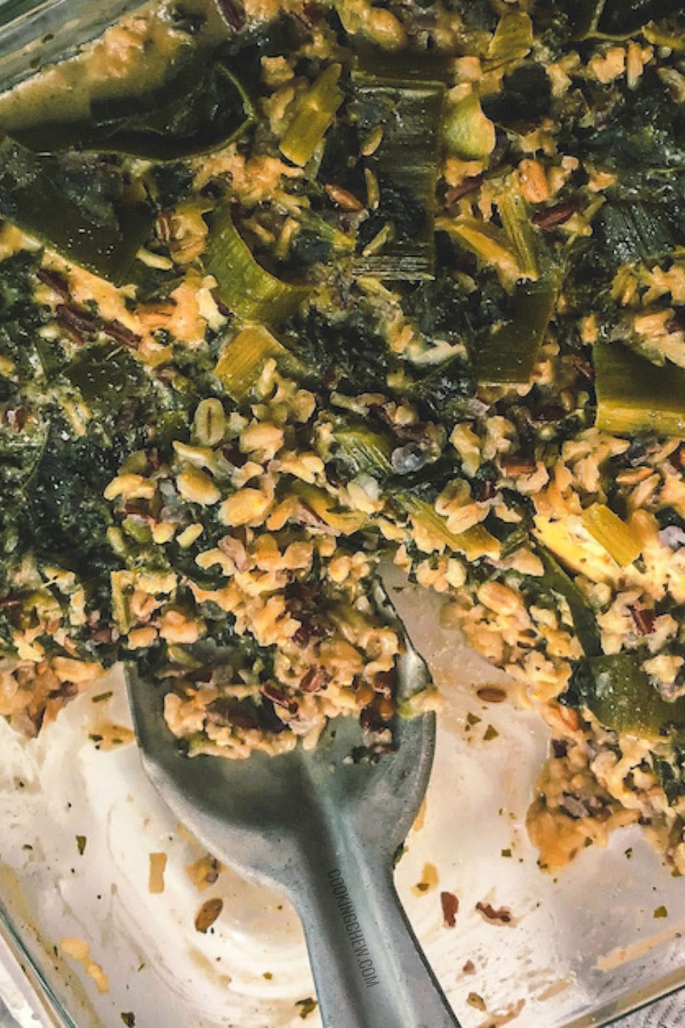 A comforting casserole of chicken, rice, leeks, and kale, perfect for a winter meal.