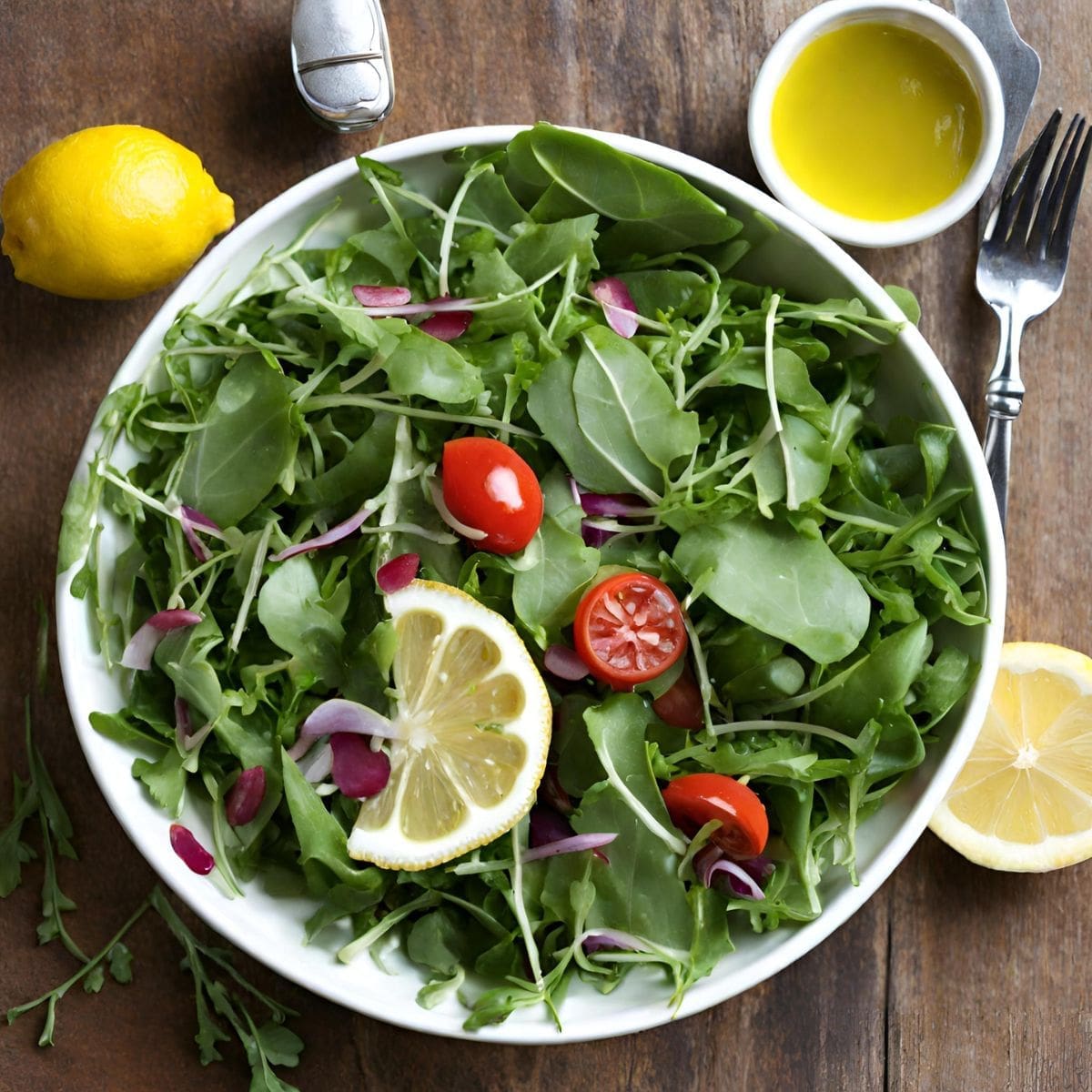 A photo of a healthy and refreshing arugula salad with cherry tomatoes, and a lemon wedge.