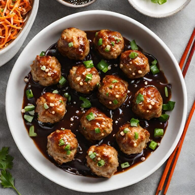 A tempting plate of asia turkey meatballs that are sure to satisfy any craving, made with a secret family recipe.