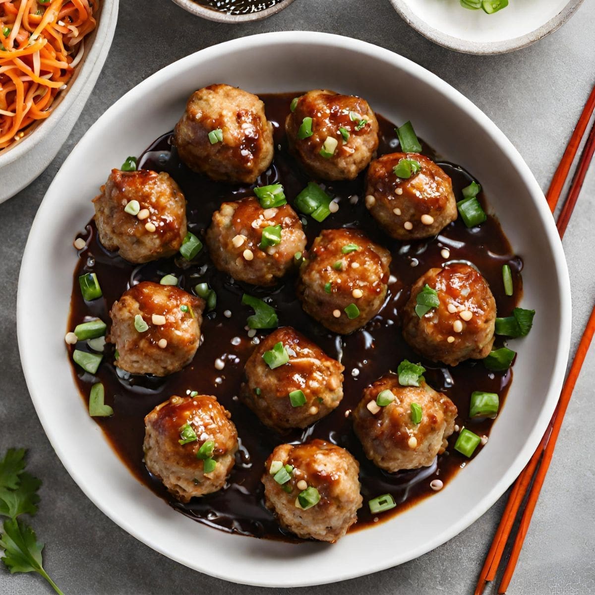 A tempting plate of asia turkey meatballs that are sure to satisfy any craving, made with a secret family recipe.
