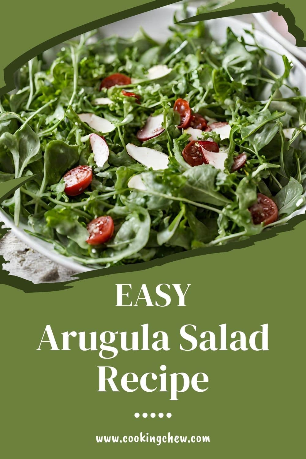 A close-up photo of a plate of arugula salad with tomatoes and cheese.