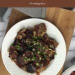 A mouthwatering photo of a plate of asian turkey meatballs, garnished with chopped green onions.