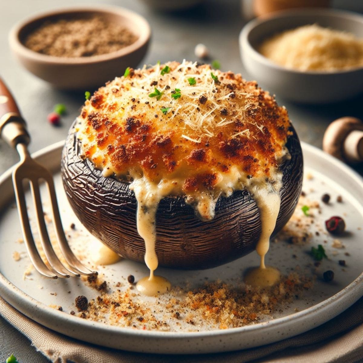 A white plate with a large, stuffed portobello mushroom topped with melted cheese and herbs.