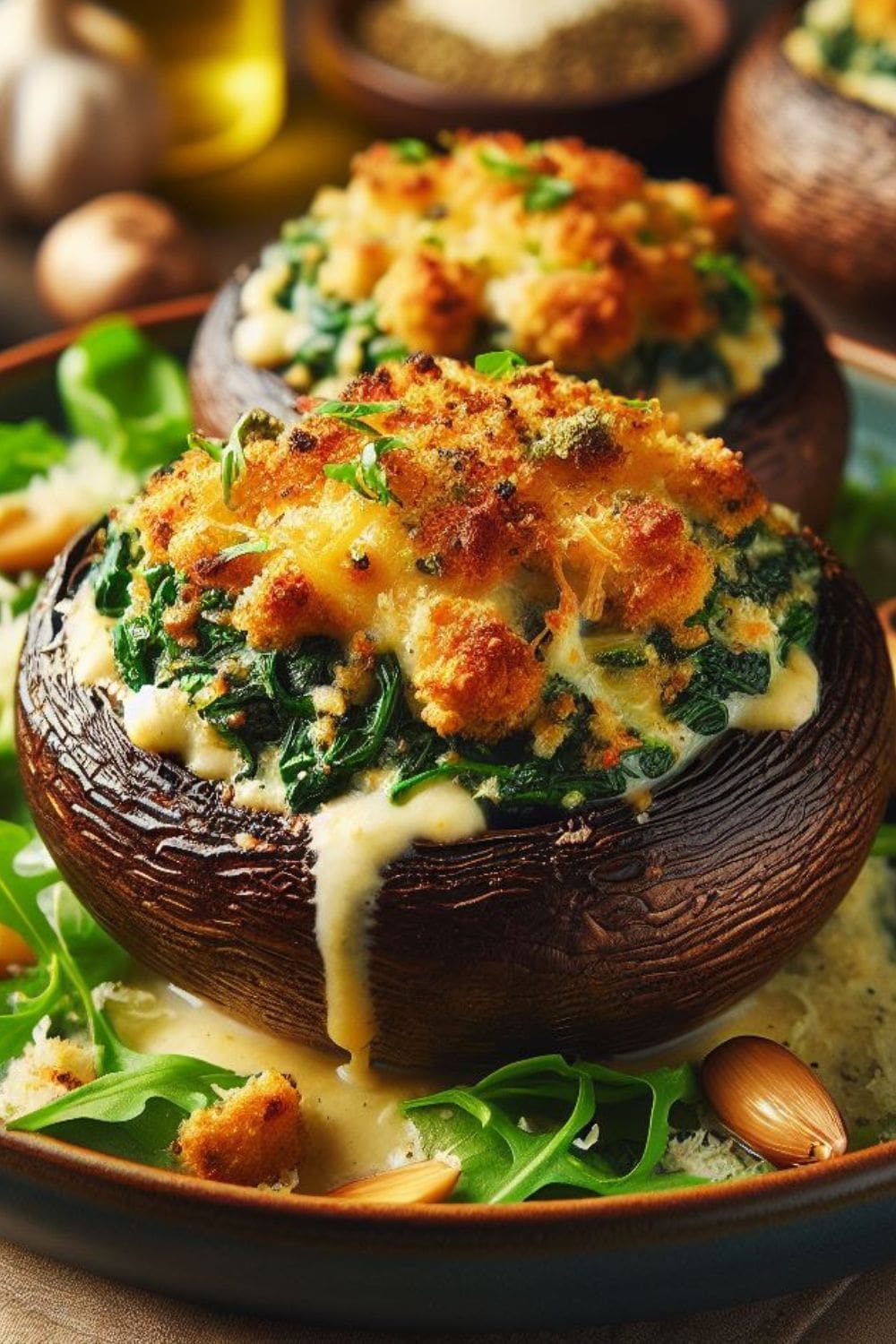 A close-up photo of a plate of stuffed portobello mushrooms.