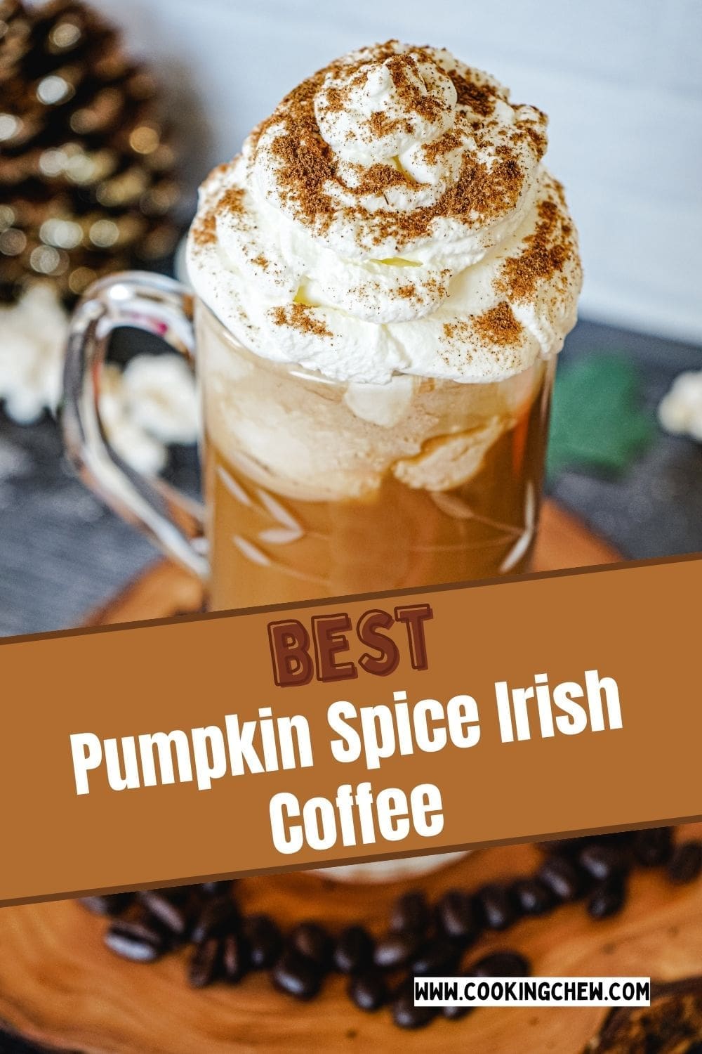 A cup of pumpkin spice Irish coffee with whipped cream on top.