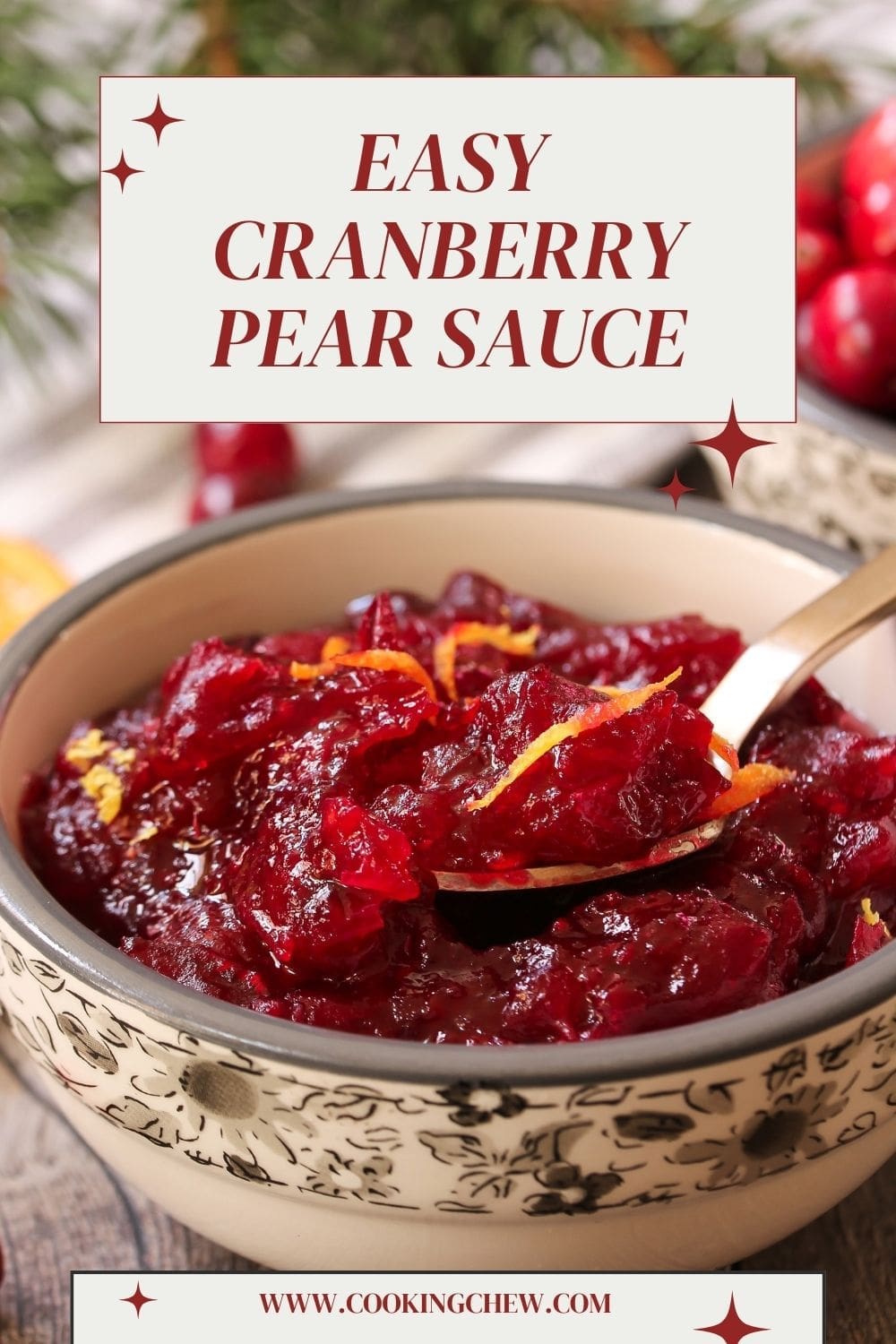 The image shows a bowl of cranberry pear sauce with a spoon in it. 