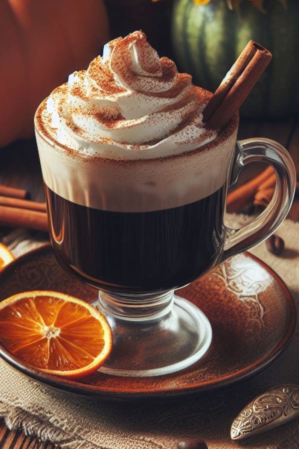 A steaming cup of hot pumpkin spice Irish coffee with whipped cream and two cinnamon sticks on a saucer. 