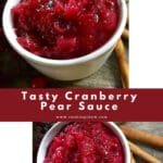 A bowl of cranberry pear sauce is sitting on a table.