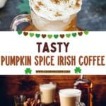 A glass mug filled with pumpkin spice Irish coffee topped with whipped cream and a sprinkle of cinnamon.