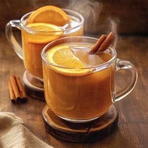 Crockpot filled with apple cider, cinnamon, and oranges for a fall drink