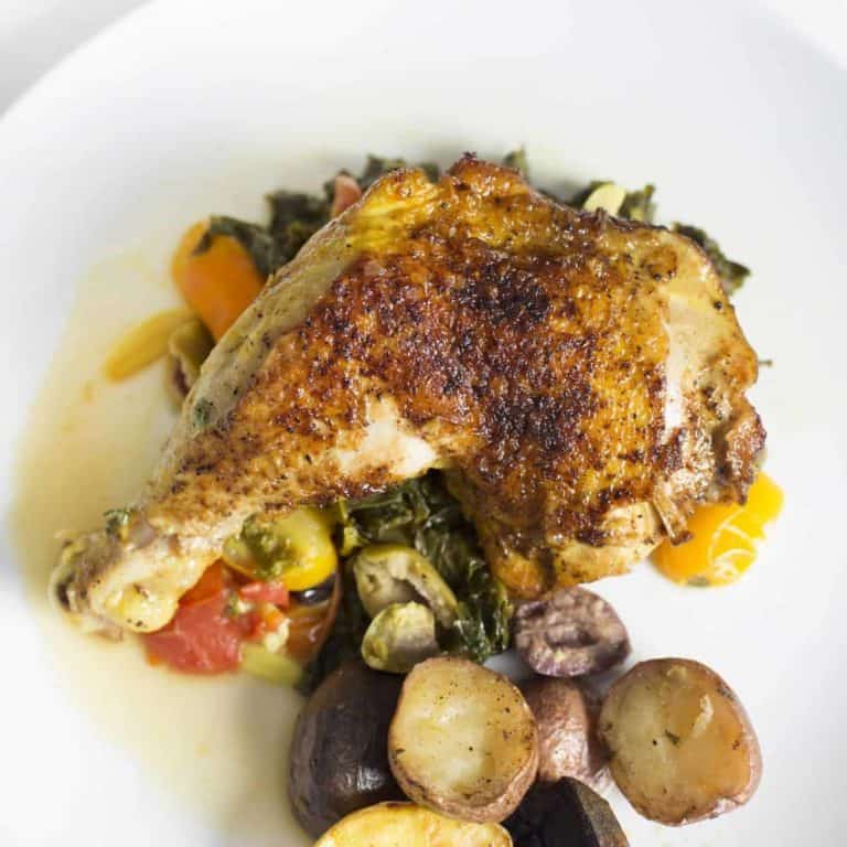 Braised Chicken Quarters with Pickle Juice Pan Sauce