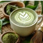 Close-up of vibrant matcha powder used for making traditional matcha tea and drinks