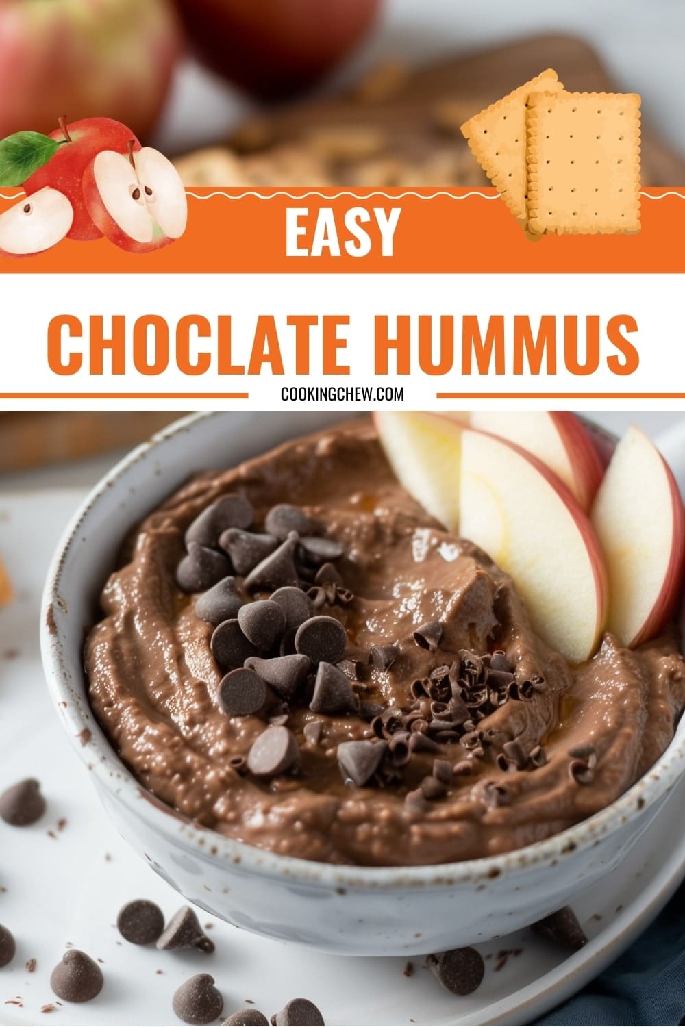 A bowl of chocolate hummus with chocolate chips, served with crackers and apple slices, showcasing a healthy and sweet dessert option.