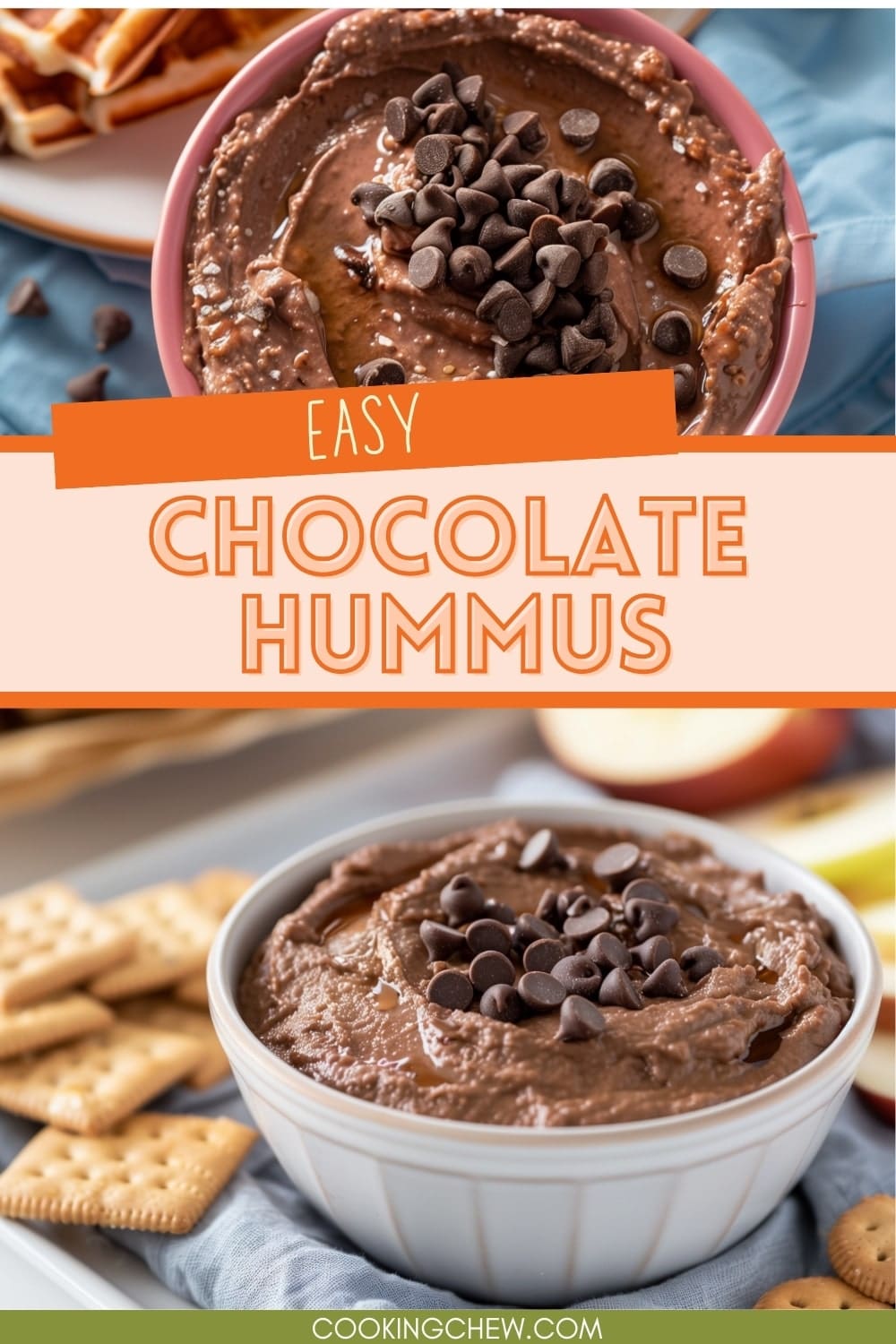 A photorealistic image of chocolate hummus served with waffles and chocolate chips, perfect for a quick and healthy dessert.