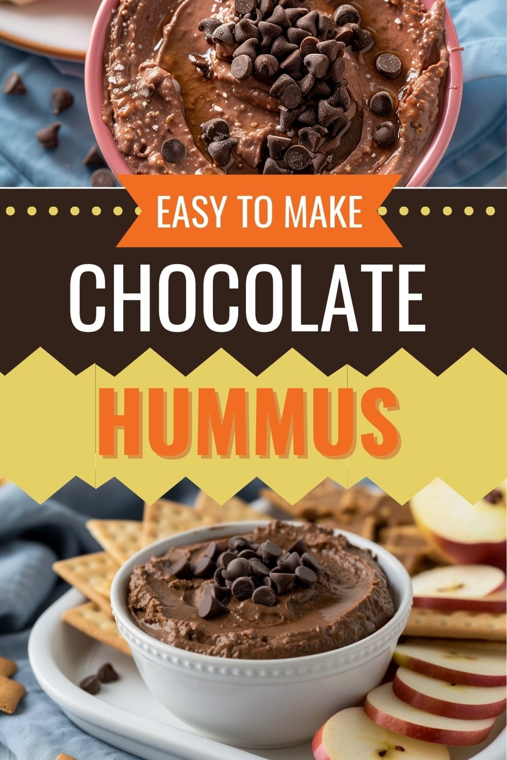 A bowl of chocolate hummus topped with chocolate chips, a delightful and healthy dessert dip for any occasion.