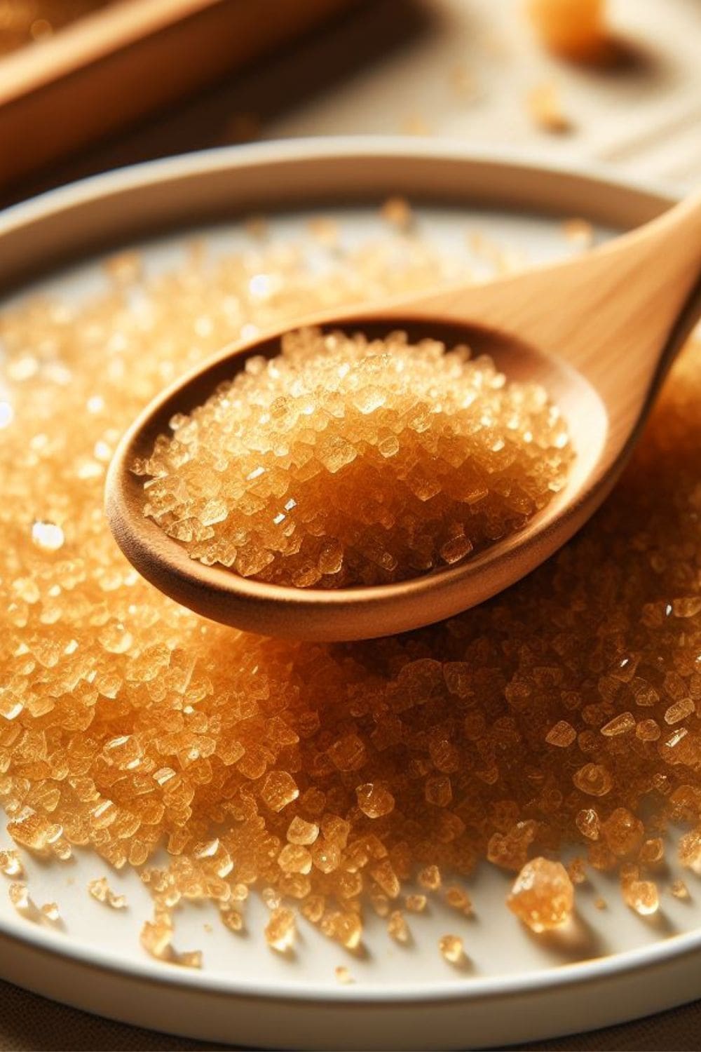 A wooden spoon sitting on top of a pile of brown sugar. 
