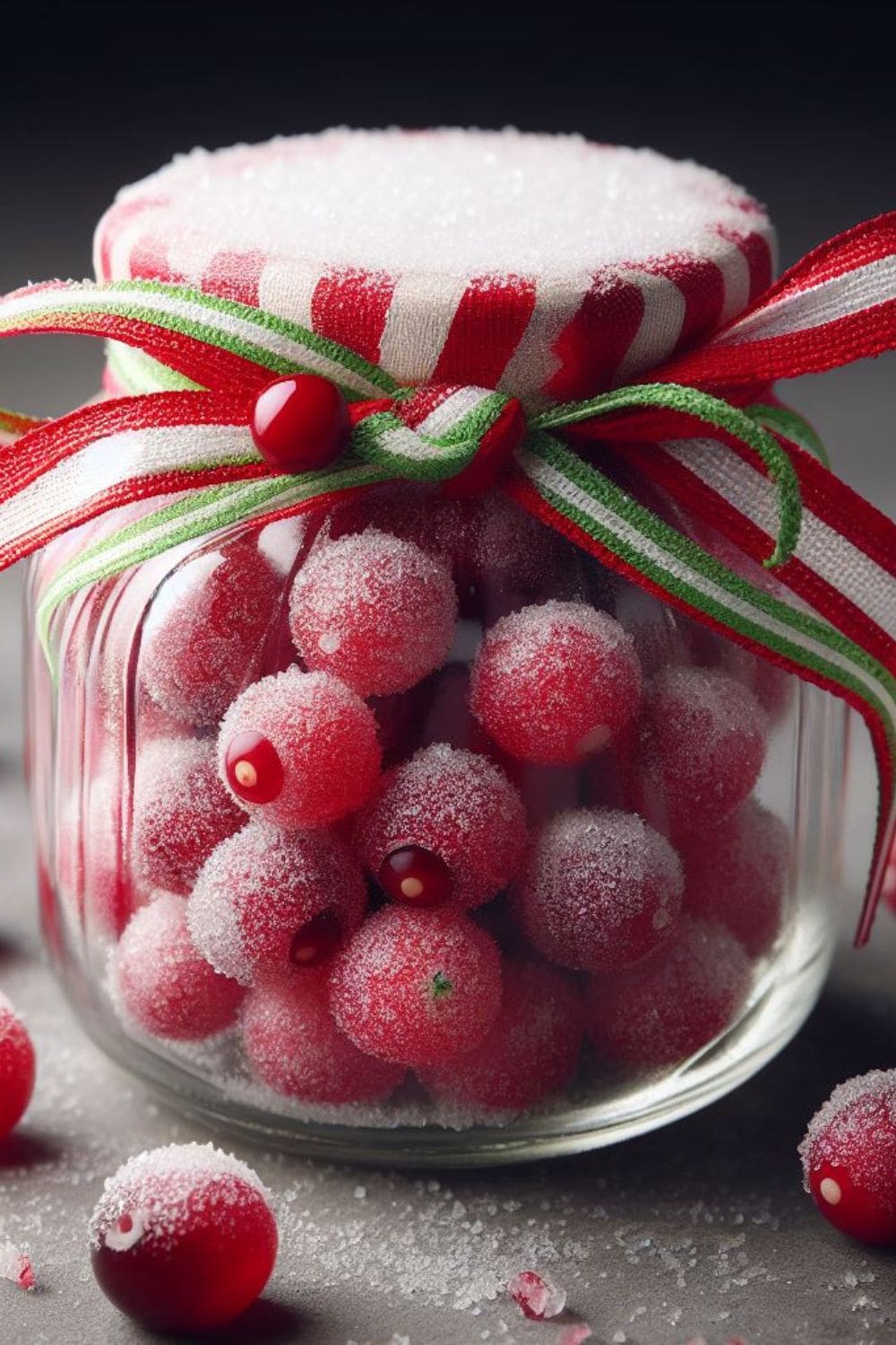 A close-up of a glass jar filled with classic candied cranberries. 