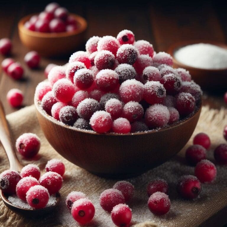 A close-up of a small bowl of candied cranberries.