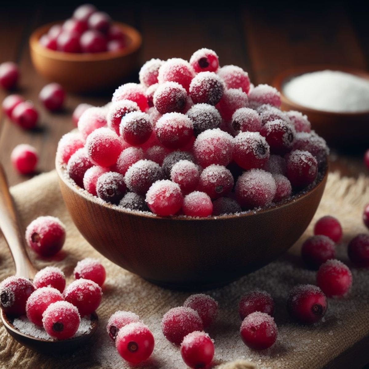 A close-up of a small bowl of candied cranberries.