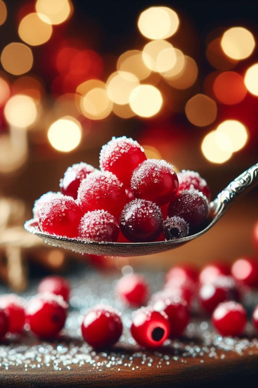 A close-up image of a spoonful of sugared cranberries.