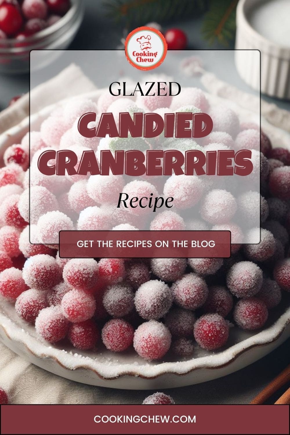 A bowl of glazed candied cranberries sitting on a table cloth.