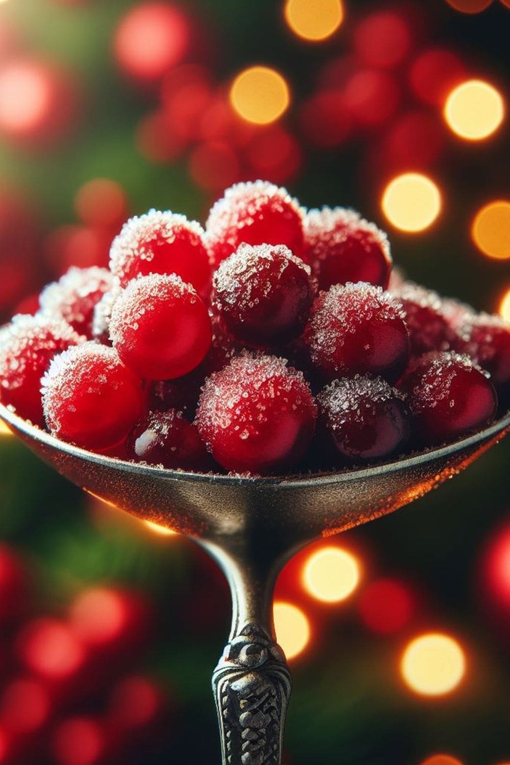 A close-up of a bowl of traditional sugar-coated cranberries.