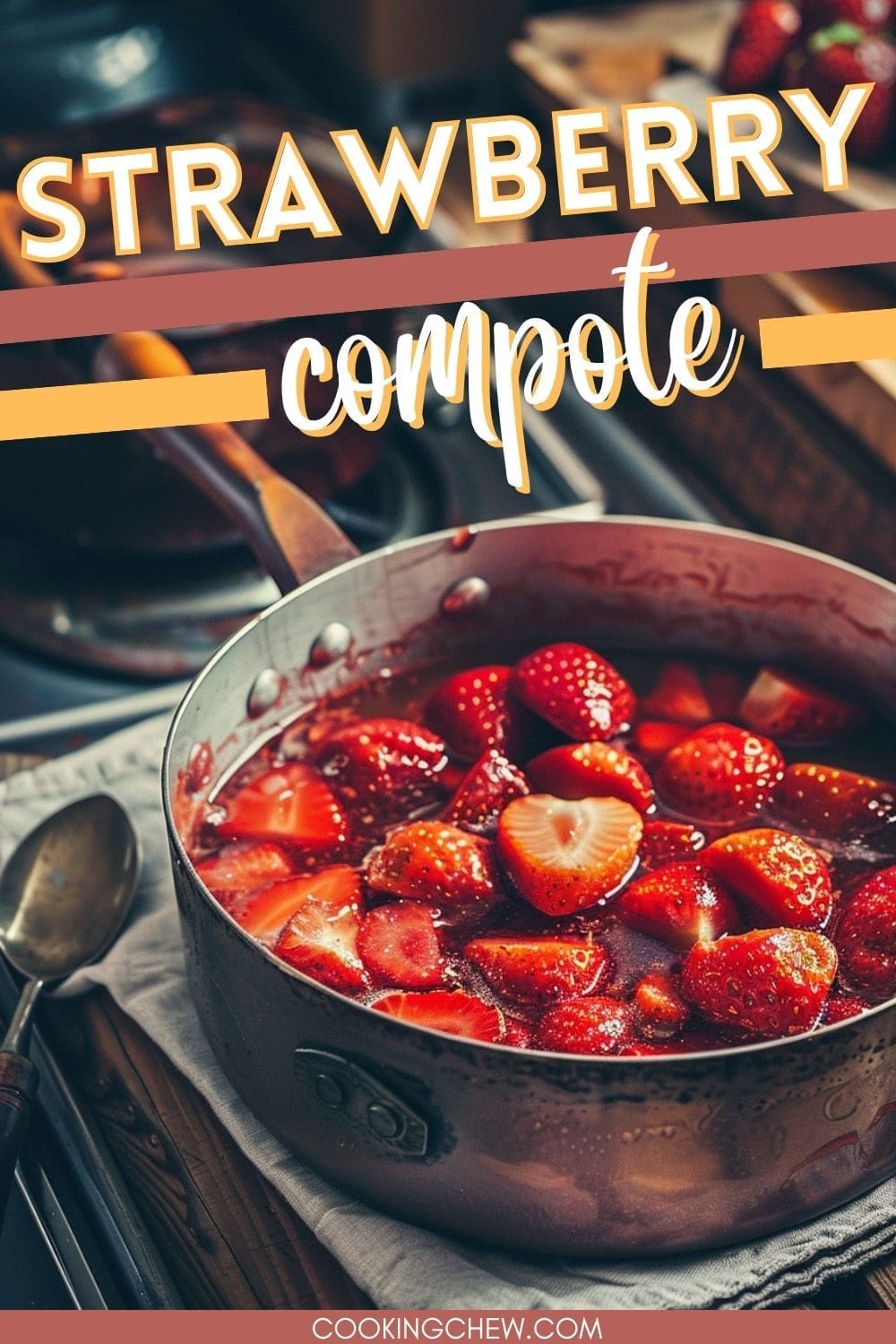 A close-up of a spoonful of homemade strawberry compote on a waffle.