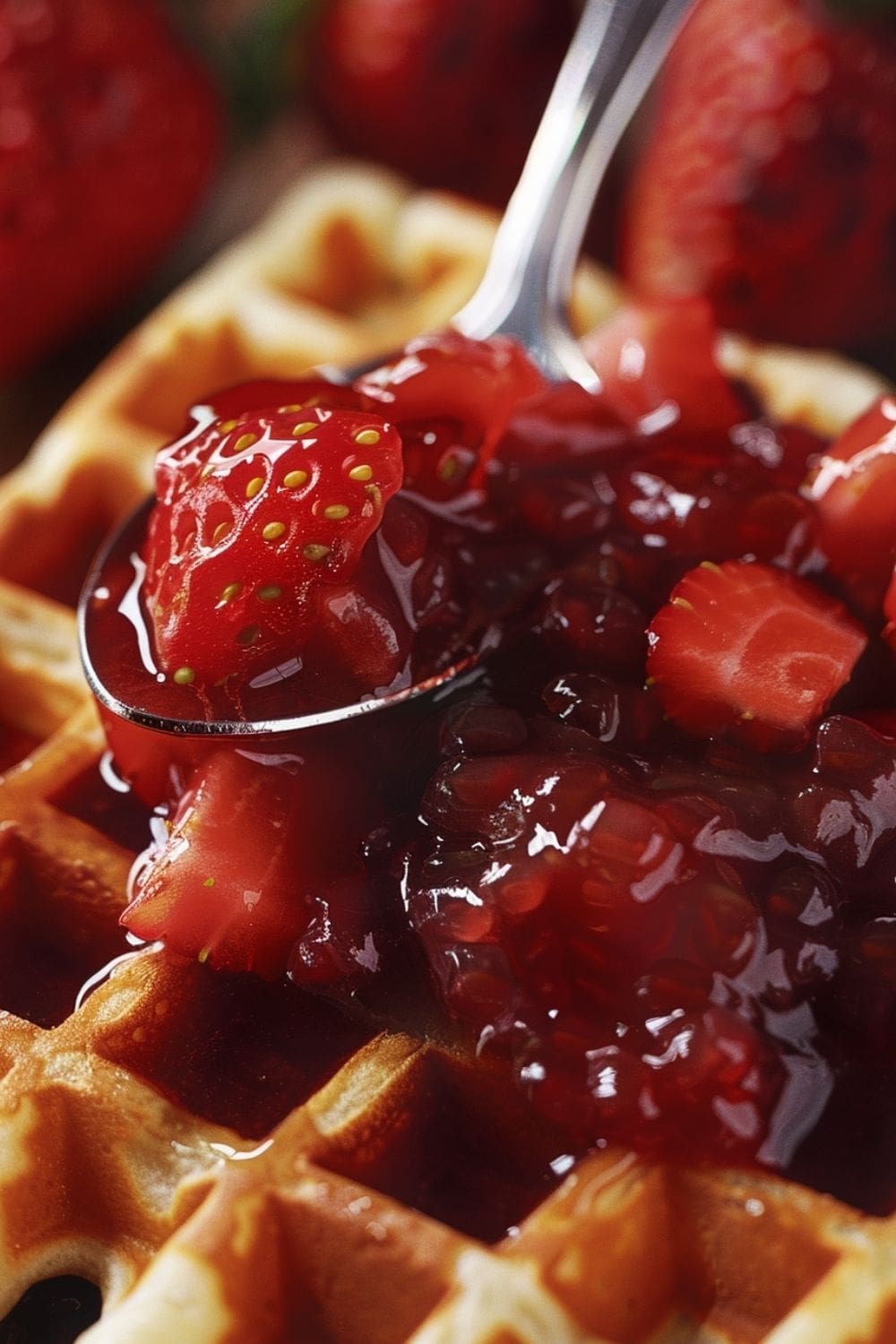 Strawberry topping on a waffle, a homemade recipe for sweet desserts.
