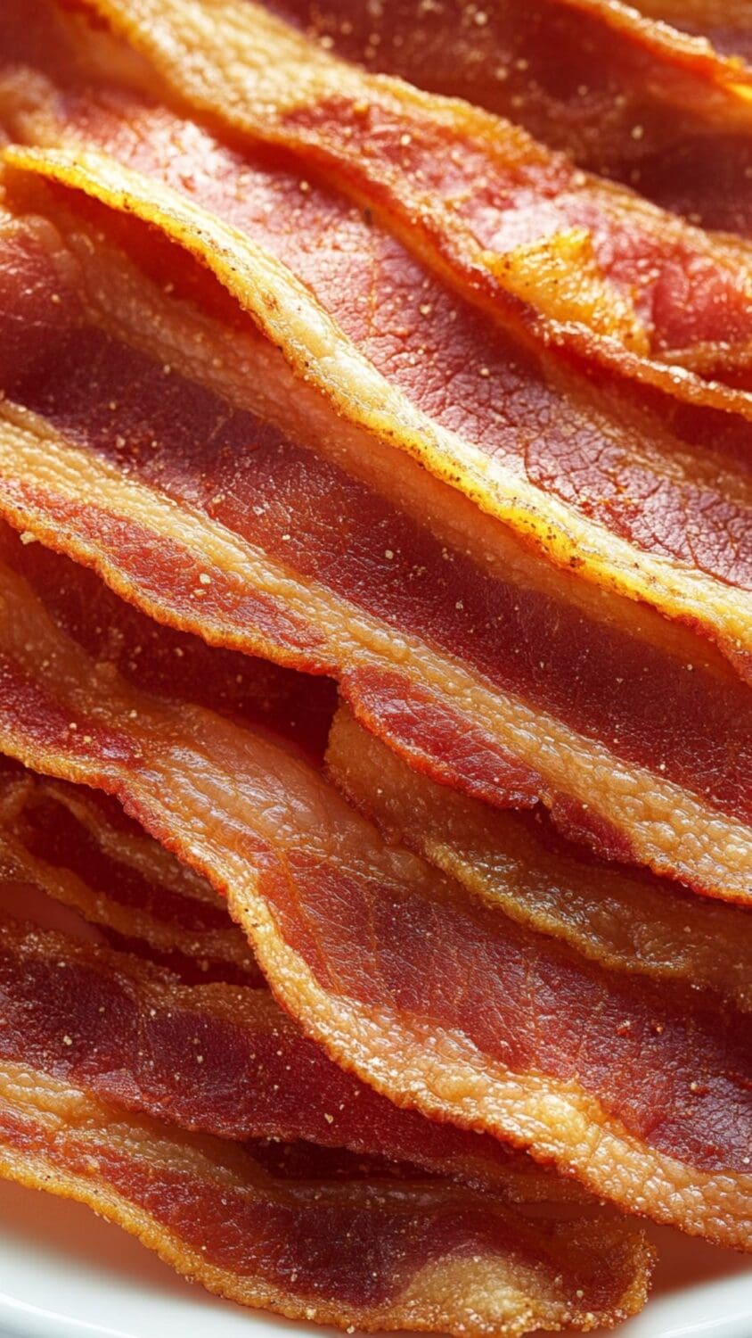 Turkey bacon fresh out of the oven, arranged on a baking sheet.