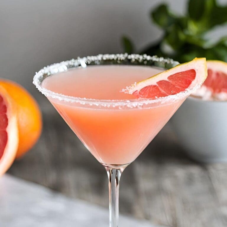 A close-up photo of a grapefruit martini with a red grapefruit slice garnish.