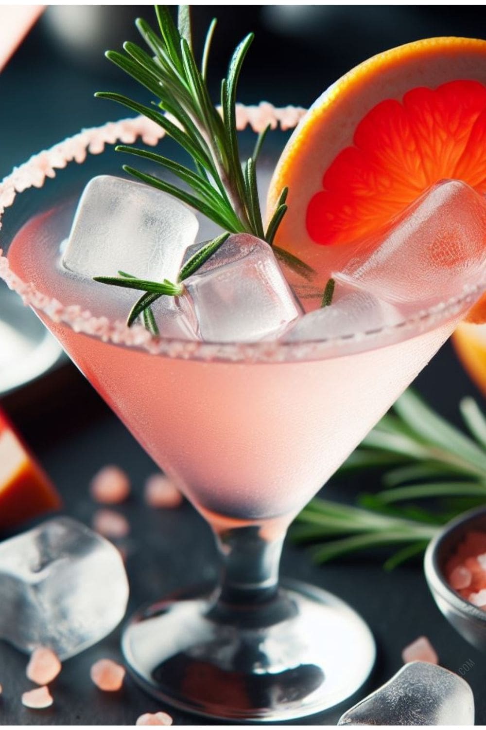 A close-up photo of a chilled martini in a coupe glass, garnished with a grapefruit wedge and a sprig of rosemary.