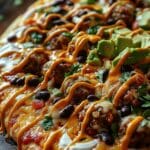 Freshly baked taco pizza with ground beef, sour cream drizzle, and vibrant taco toppings on a crispy crust.