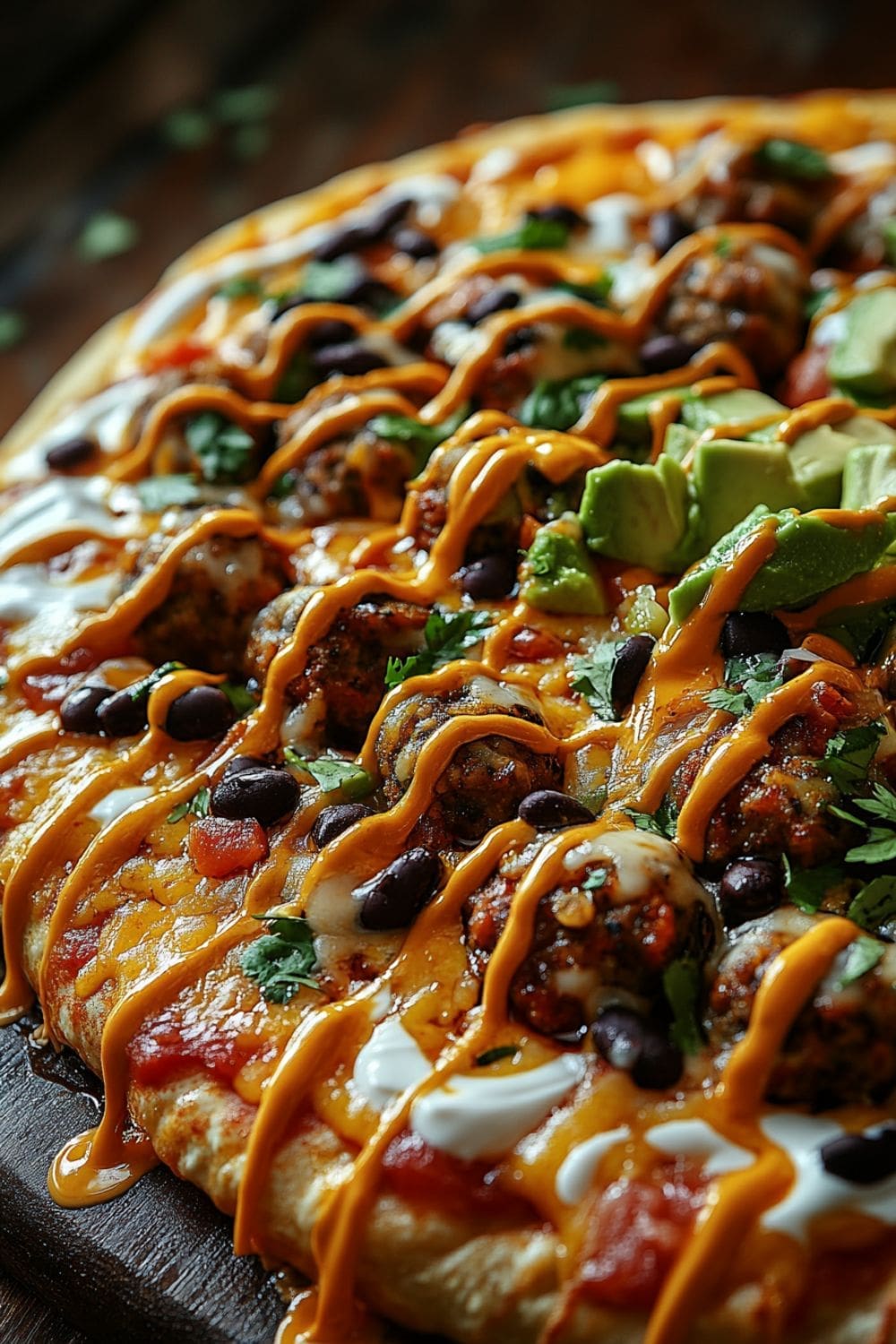 Freshly baked taco pizza with ground beef, sour cream drizzle, and vibrant taco toppings on a crispy crust.