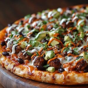 Homemade taco pizza with fresh ground beef, shredded lettuce, and melted cheese.