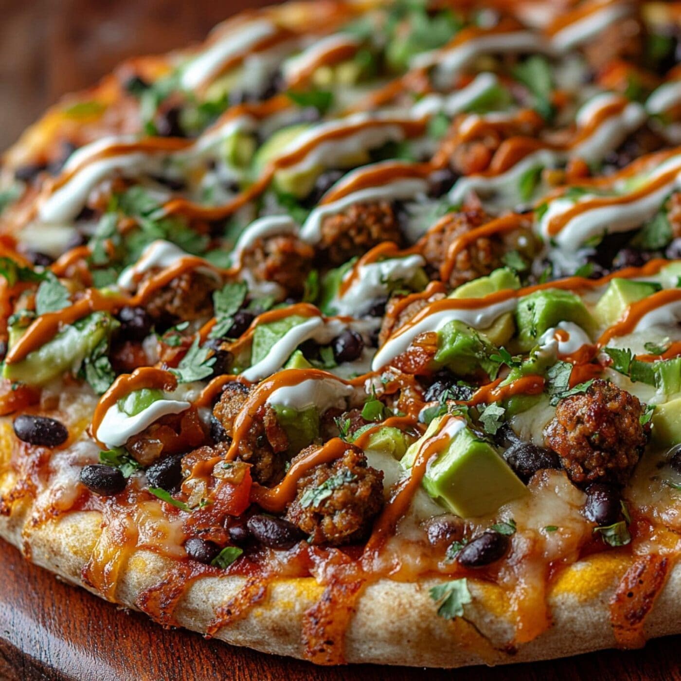 Loaded taco pizza with seasoned ground beef and colorful toppings, ready to serve.