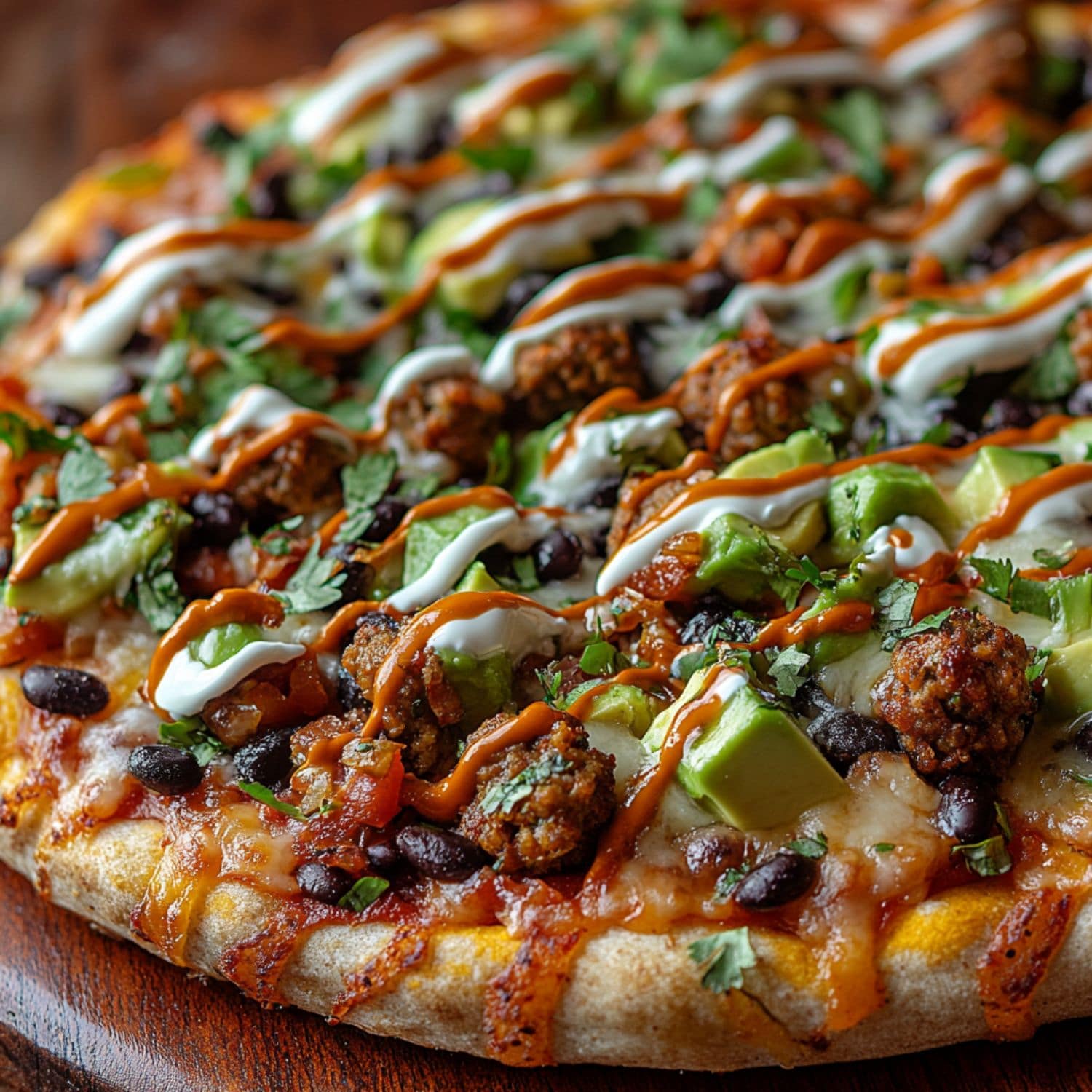 Loaded taco pizza with seasoned ground beef and colorful toppings, ready to serve.