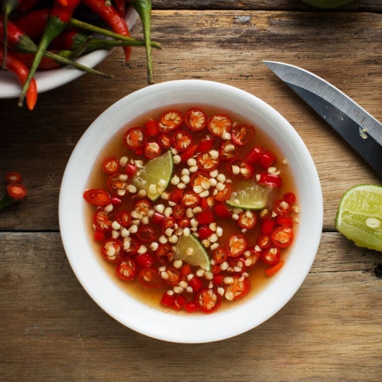 A white bowl filled with fish sauce, slices of lime and a knife on a wooden table.