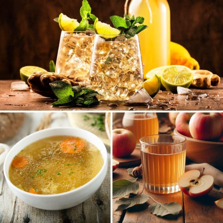 A collage of white wine substitute, including a glass of apple juice, two glasses and a bottle of ginger ale, and a bowl of chicken broth.
