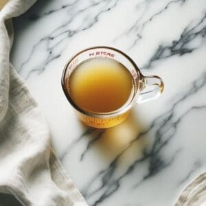 chicken broth in a glass measuring cup