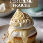 A close-up photo of a cake decorated with creme fraiche