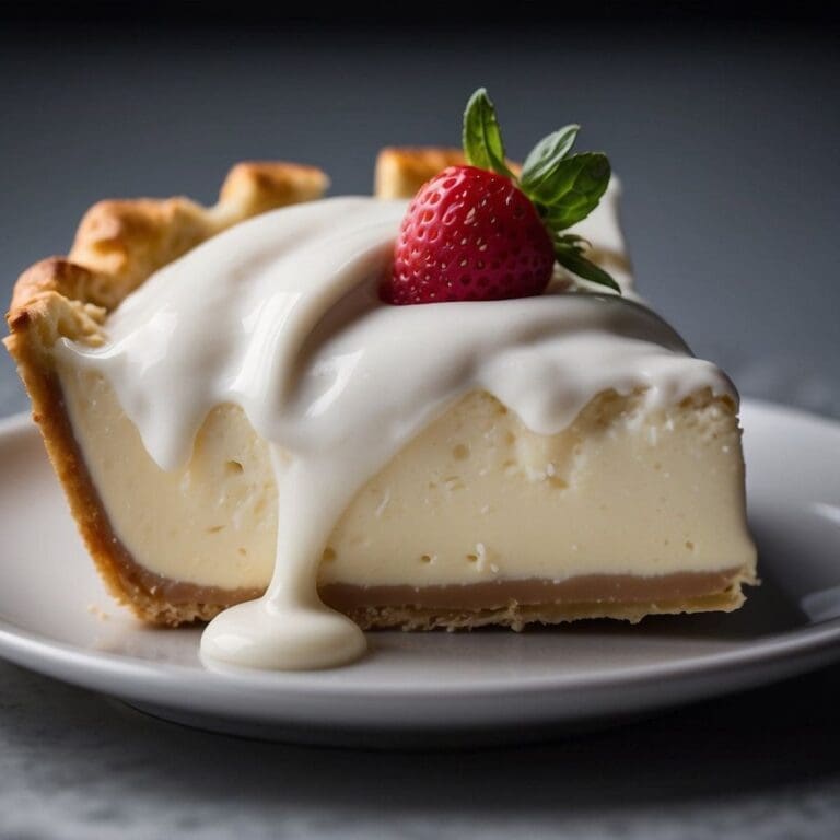 A slice of cheesecake with creme fraiche and a strawberry on top.