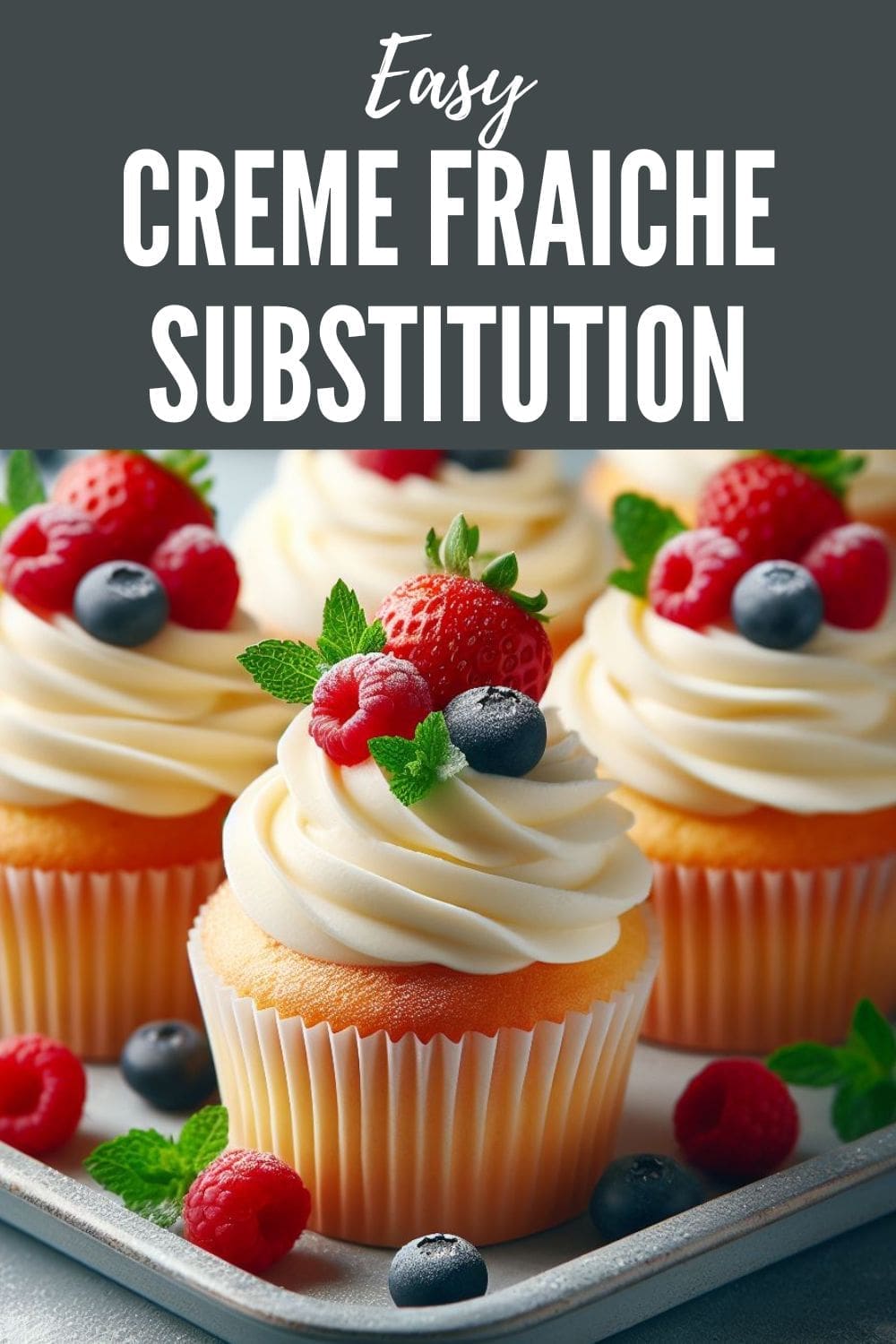 A close-up photo of a tray of cupcakes decorated with creme fraiche frosting and topped with blueberries and raspberries.
