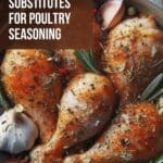 A bowl of raw chicken legs with fresh poultry seasoning and garlic cloves scattered around them.