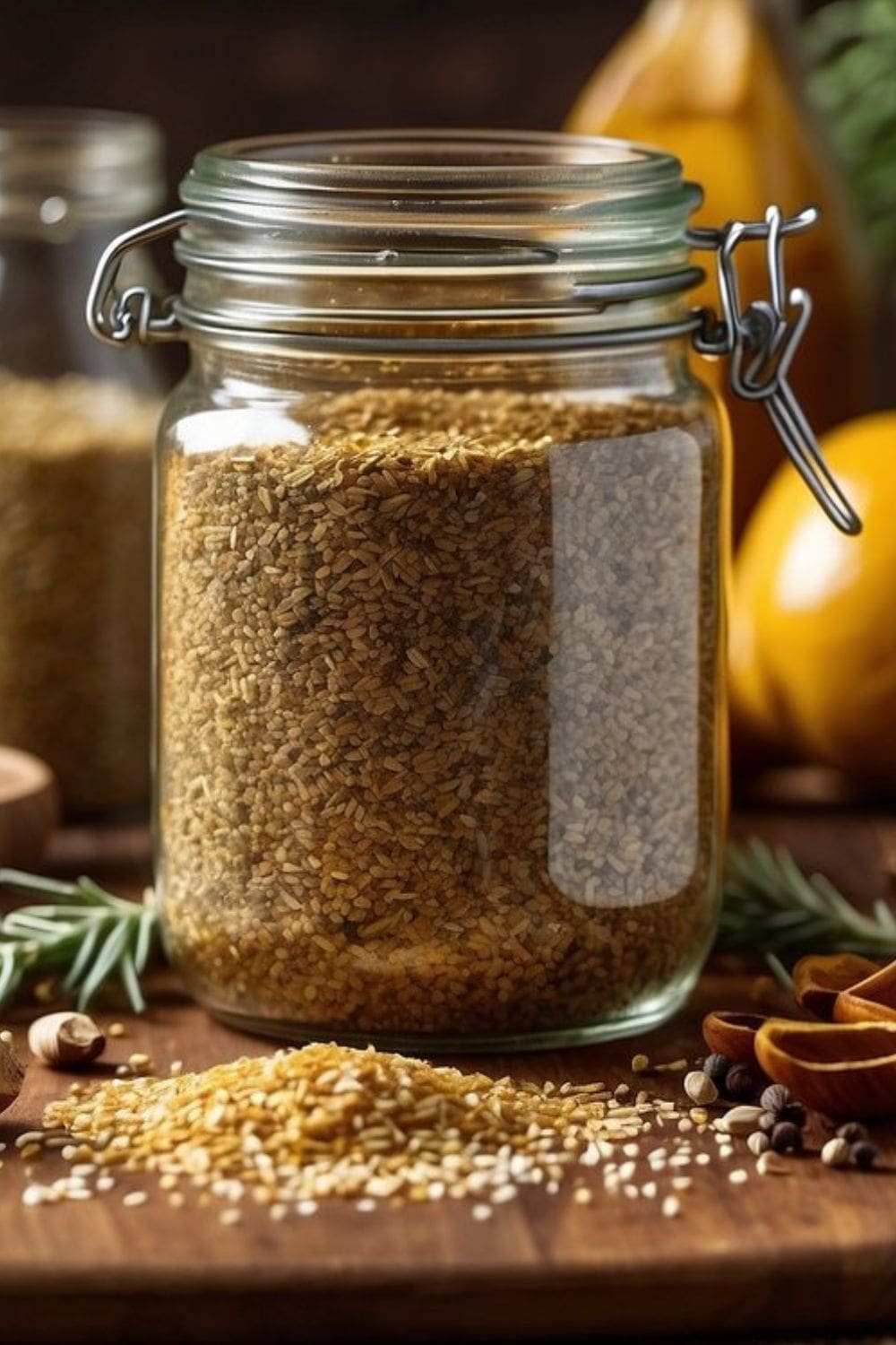 A glass jar filled with poultry seasoning on a wooden table.