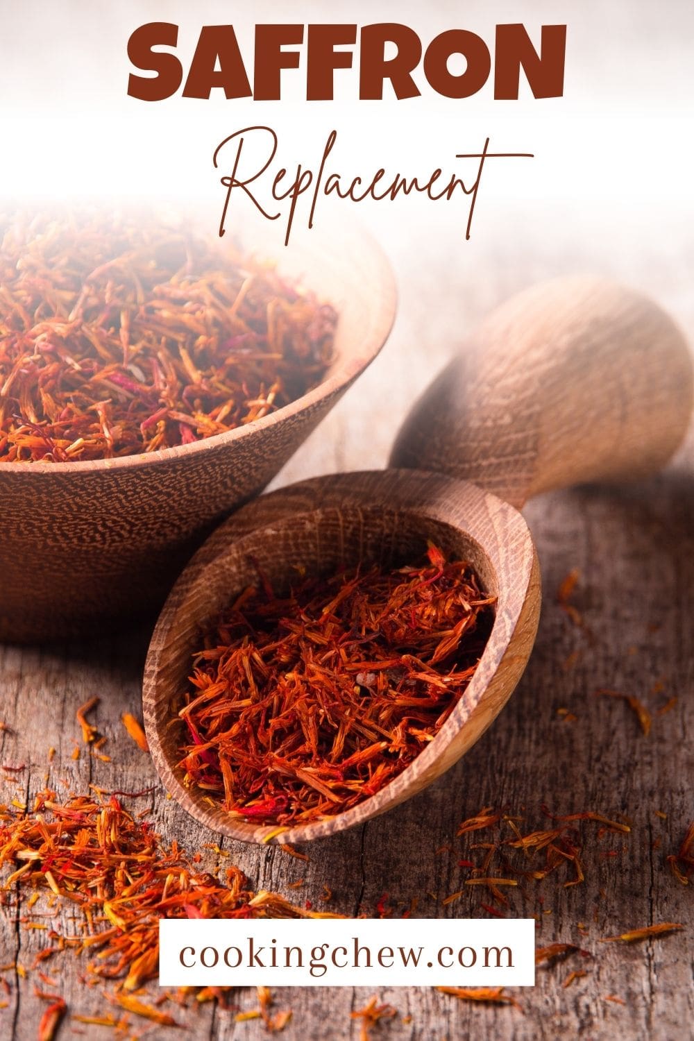 A wooden bowl and spoon filled with saffron.