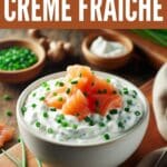 A small white bowl filled with creme fraiche, topped with smoked salmon and garnished with chives, sits on a wooden table.